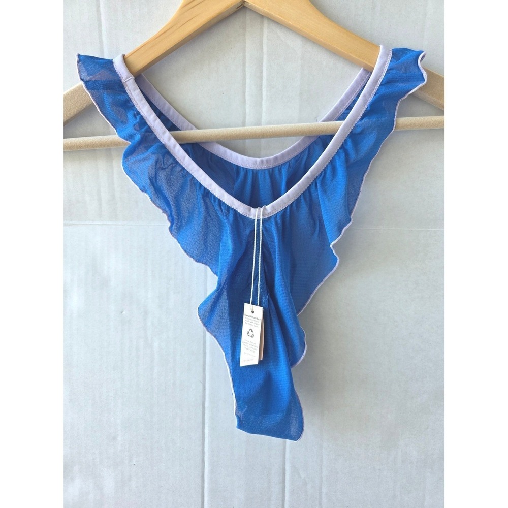 NWT Free People Sheer Lace Ruffle Thong Blue Contrast Trim Fairycore Pixie Panty